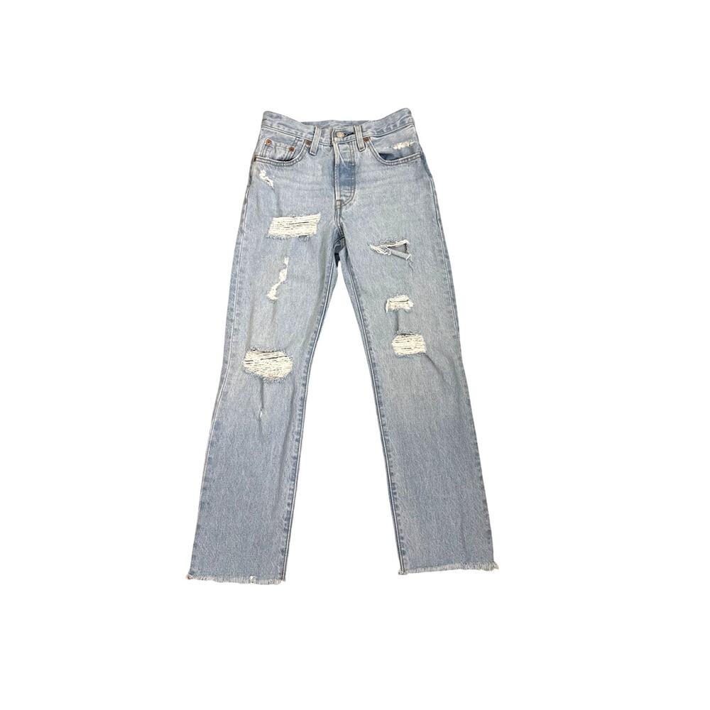 Levi's 501 Denim Button Fly Distressed Straight Leg Blue Jeans Size Women's 24